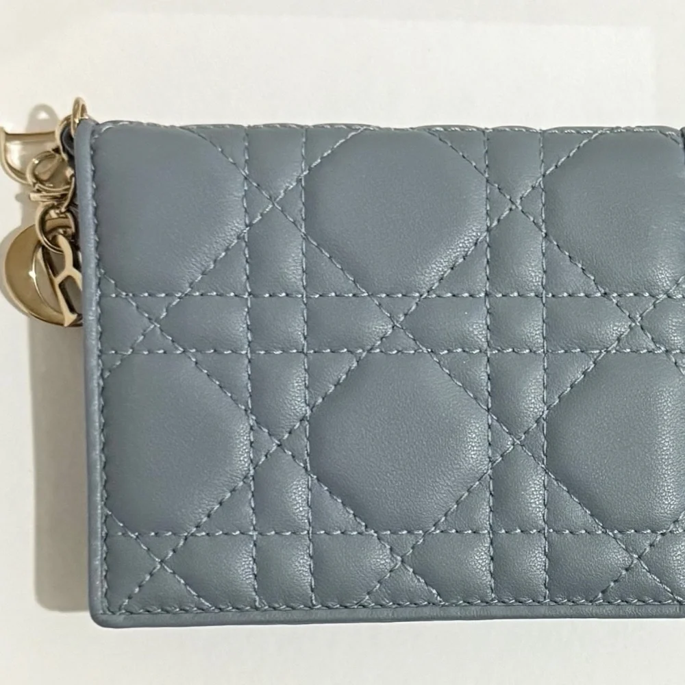 NWT Christian Dior Mini Lady Dior Gardenia Wallet in Cloud Blue Cannage Lambskin